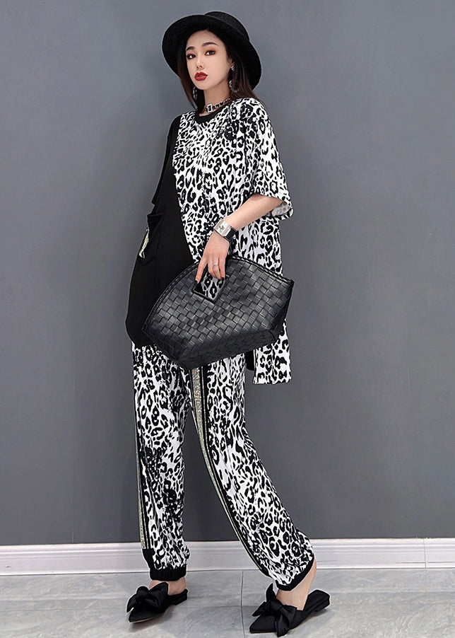 Mode schwarz asymmetrisch Patchwork Leopardenmuster Baumwolle zweiteiliges Set Sommer