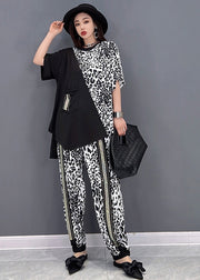 Mode schwarz asymmetrisch Patchwork Leopardenmuster Baumwolle zweiteiliges Set Sommer