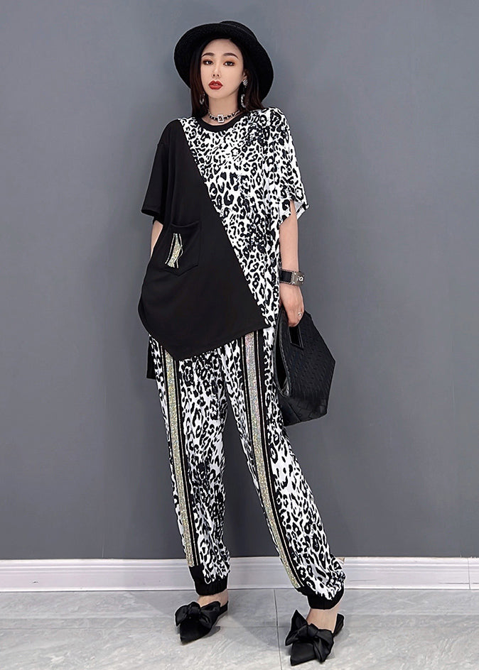 Fashion Black Asymmetrical Patchwork Leopard Print Cotton Two Pieces Set Summer