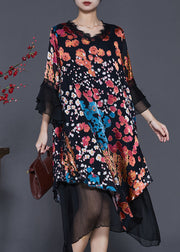 Fashion Black Asymmetrical Print Silk Dresses Flare Sleeve