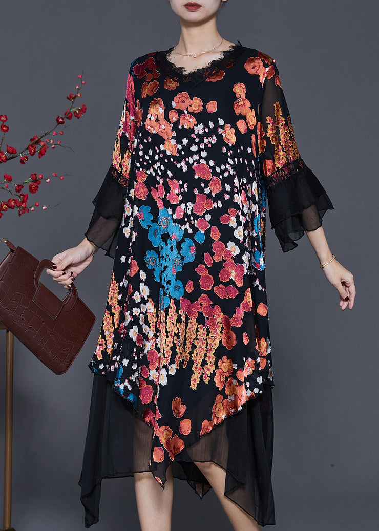 Fashion Black Asymmetrical Print Silk Dresses Flare Sleeve