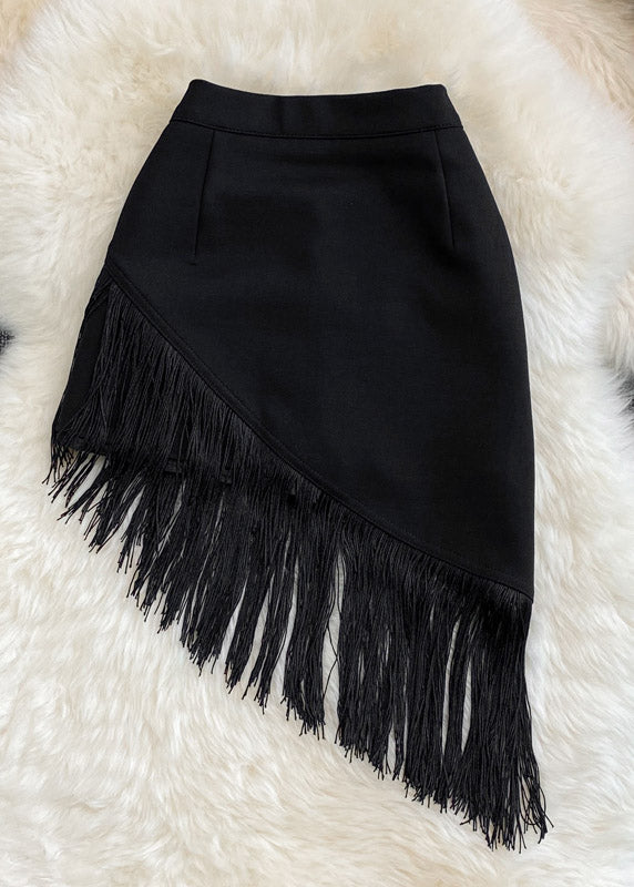 Fashion Black Asymmetrical Tassel High Waist Skirt Summer