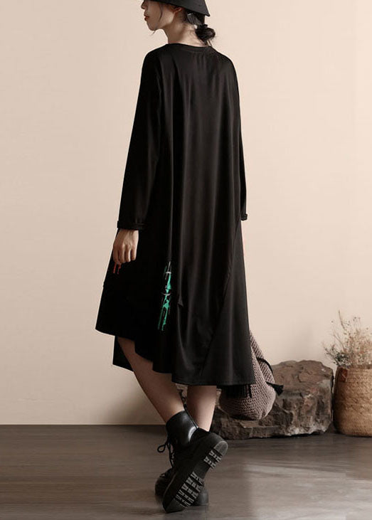 Fashion Black Asymmetrical Wrinkled Patchwork Cotton Dresses Spring