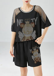 Fashion Black Bear Oversized Patchwork Hollow Out Two Pieces Set Summer