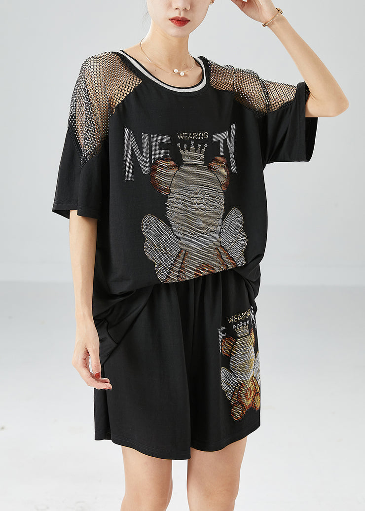 Fashion Black Bear Oversized Patchwork Hollow Out Two Pieces Set Summer