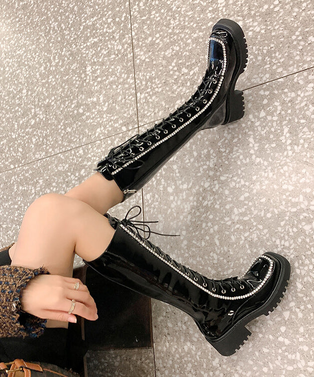 Fashion Black Boots Zircon Cross Strap Chunky Cowhide Leather