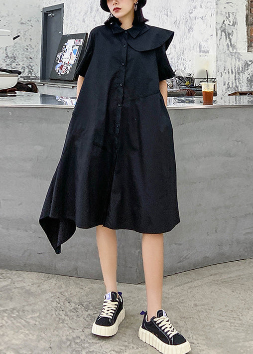 Fashion Black Button Peter Pan Collar Asymmetrical Design Party Dress Short Sleeve