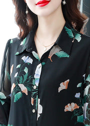 Fashion Black Button Peter Pan Collar Print Long Chiffon Shirt Tops Half Sleeve