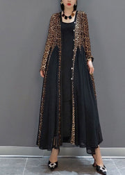 Fashion Black Button V-Ausschnitt Patchwork Leopard Chiffon Maxikleid Frühling