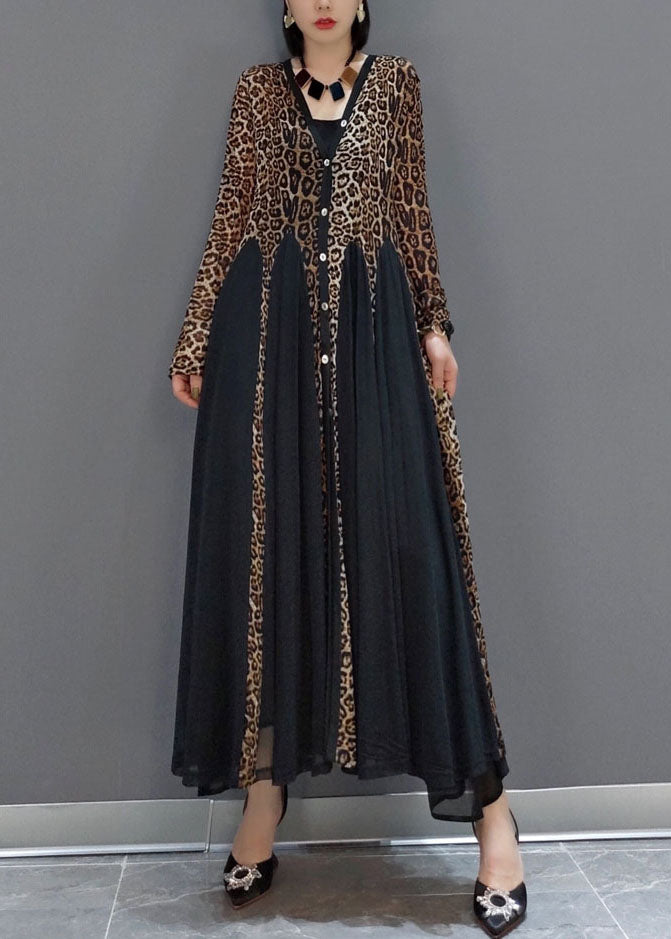 Fashion Black Button V Neck Patchwork Leopard Chiffon Maxi Dress Spring