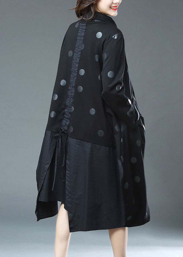 Fashion Black Dot Print Drawstring Patchwork Cotton Dresses Fall