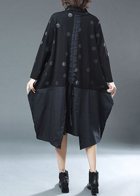 Fashion Black Dot Print Drawstring Patchwork Cotton Dresses Fall