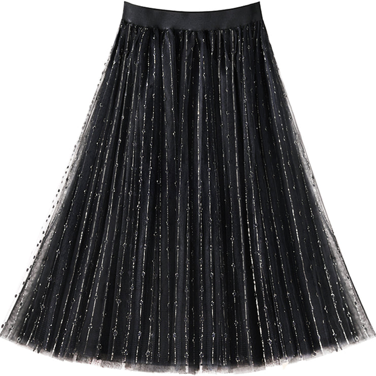 Fashion Black Elastic Waist tulle Pleated Skirt Summer