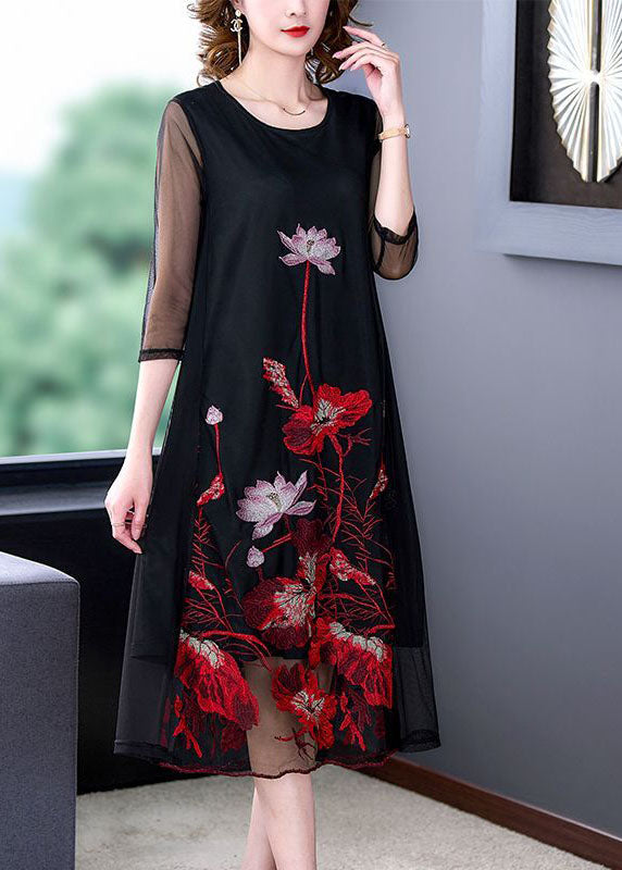 Fashion Black Embroidered Hollow Out Tulle Robe Dresses Bracelet Sleeve
