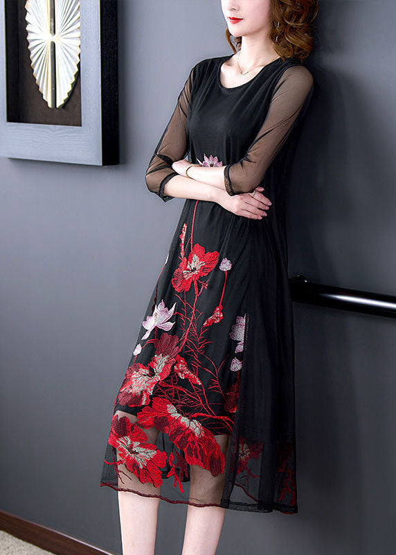 Fashion Black Embroidered Hollow Out Tulle Robe Dresses Bracelet Sleeve