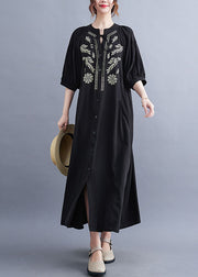 Fashion Black Embroideried Lace Up Cotton Maxi Dress Summer
