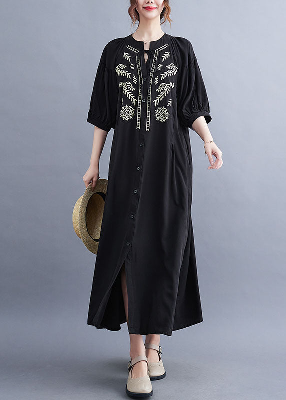 Fashion Black Embroidered Lace Up Cotton Maxi Dress Summer