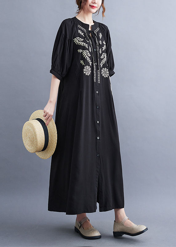 Fashion Black Embroidered Lace Up Cotton Maxi Dress Summer