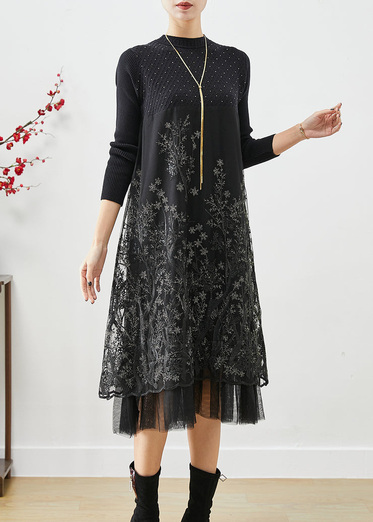 Fashion Black Embroidered Patchwork Knit Dresses Fall