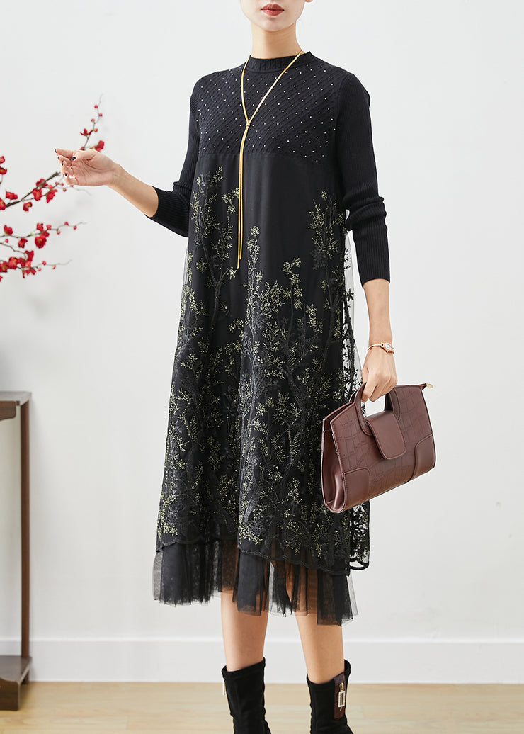Fashion Black Embroidered Patchwork Knit Dresses Fall