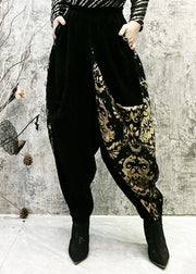 Fashion Black Embroidered Pockets Patchwork Corduroy Lantern Pants Spring