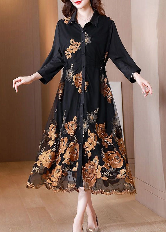 Fashion Black Embroidered Tie Waist Tulle Patchwork Shirts Long Dresses Fall