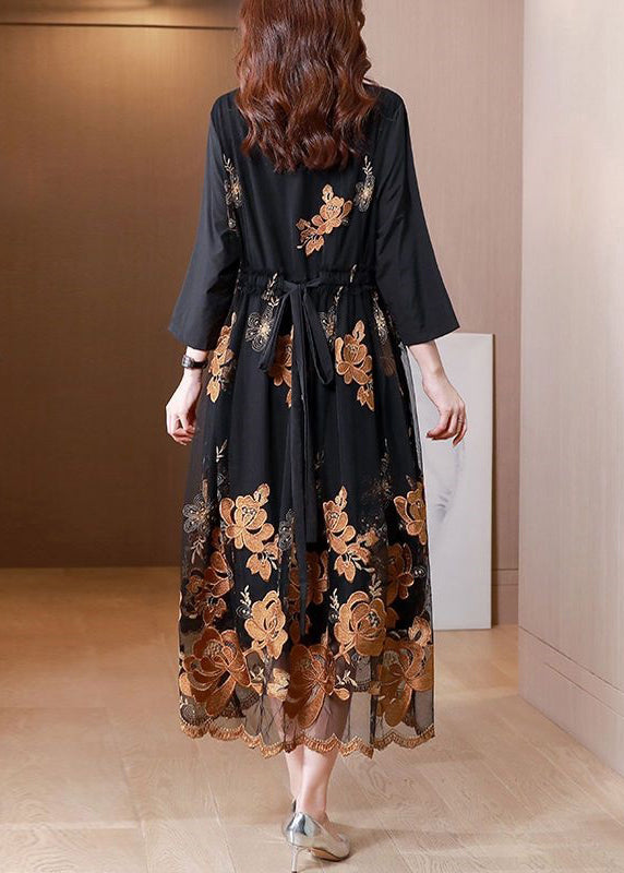 Fashion Black Embroidered Tie Waist Tulle Patchwork Shirts Long Dresses Fall