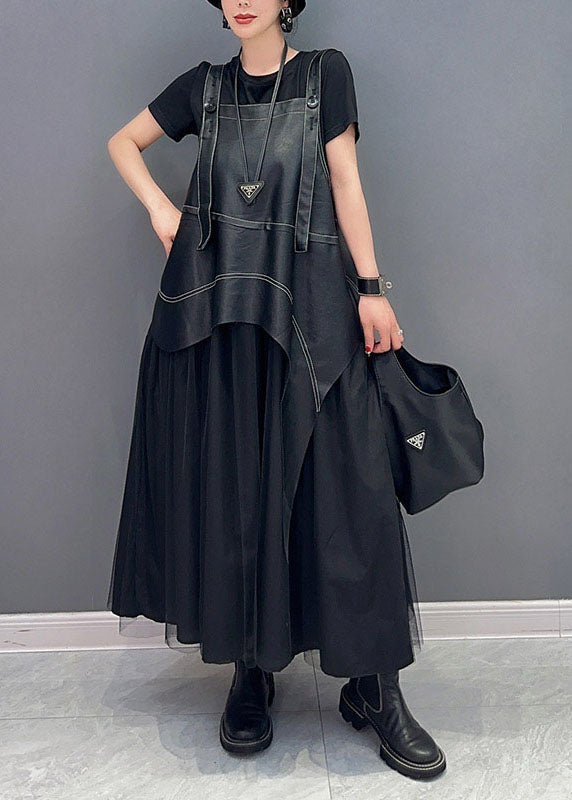 Fashion Black Faux Leather Asymmetrical Patchwork Tulle Dresses Summer