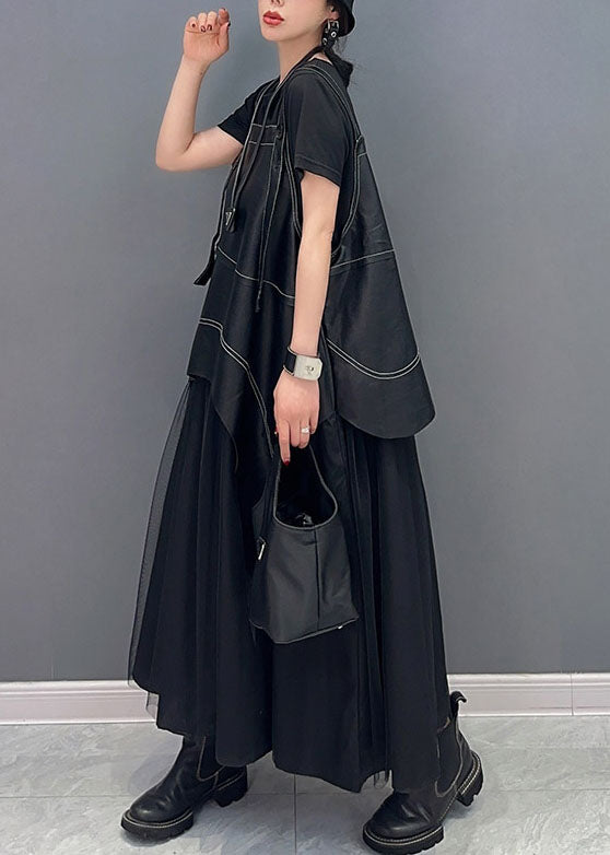 Fashion Black Faux Leather Asymmetrical Patchwork Tulle Dresses Summer