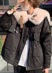 Fashion Black Fox collar Zip Up Fine Cotton Filled Puffers Jackets Winter
