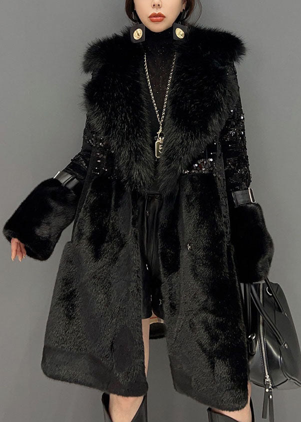 Fashion Black Fur Collar Sequins Patchwork Pockets Leather And Fur Coats Winter