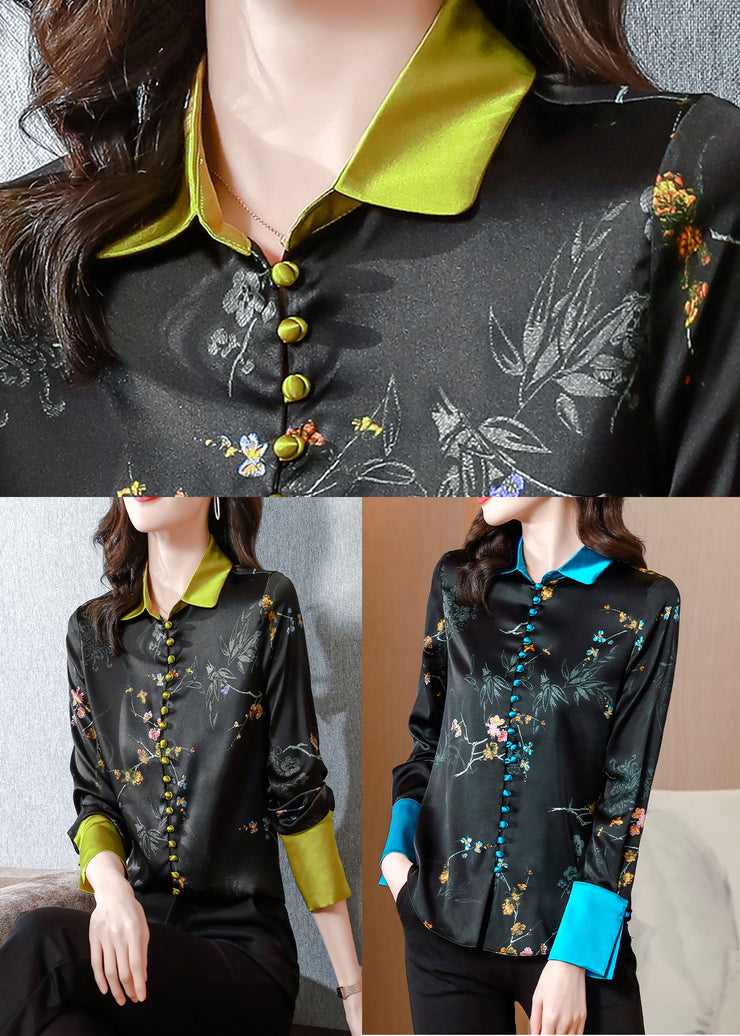 Fashion Black Gold Patchwork Peter Pan Collar Print Silk Shirts Long Sleeve