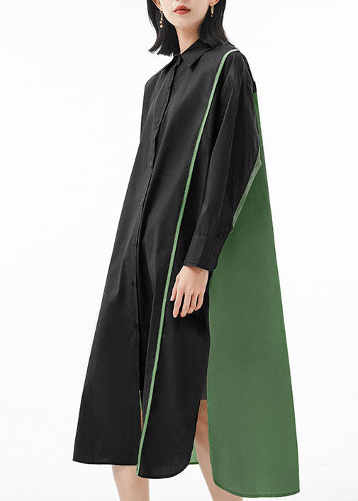 Fashion Black Green Peter Pan Collar button side open Patchwork shirt Dress Spring