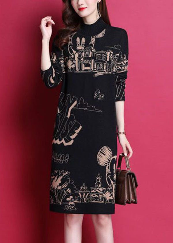 Fashion Black High Neck Print Thick Knit Holiday Dress Long Sleeve