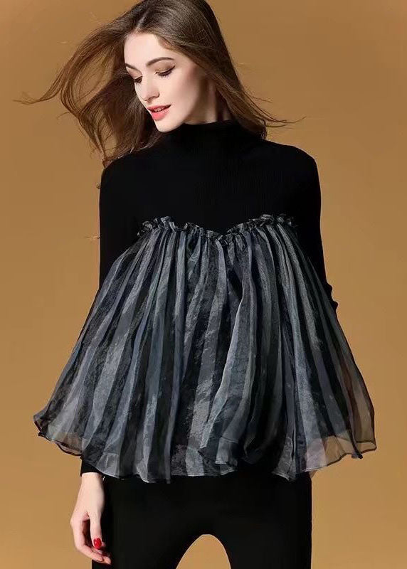 Fashion Black High Neck Tulle Patchwork Striped Knit Sweaters Spring