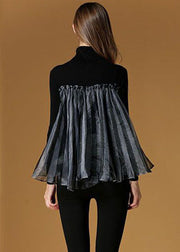 Fashion Black High Neck Tulle Patchwork Striped Knit Sweaters Spring