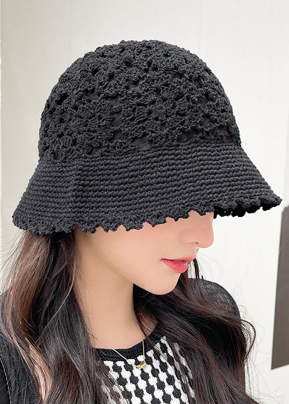 Fashion Black Hollow Out Floral Knitting Bucket Hat