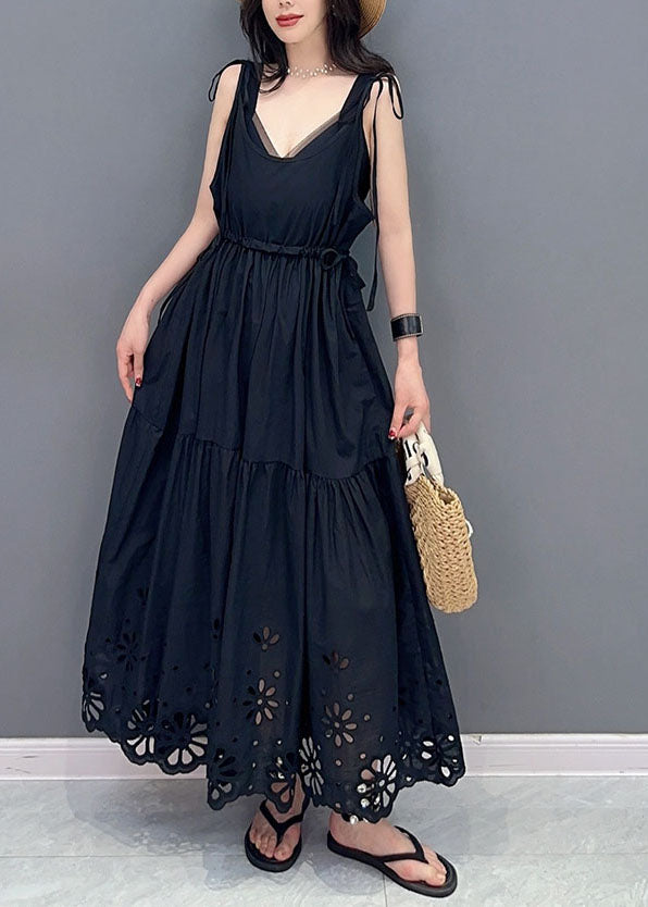 Fashion Black Hollow Out Lace Up Patchwork Cotton Dresses Sleeveless