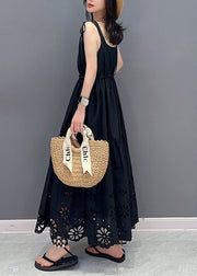 Fashion Black Hollow Out Lace Up Patchwork Cotton Dresses Sleeveless