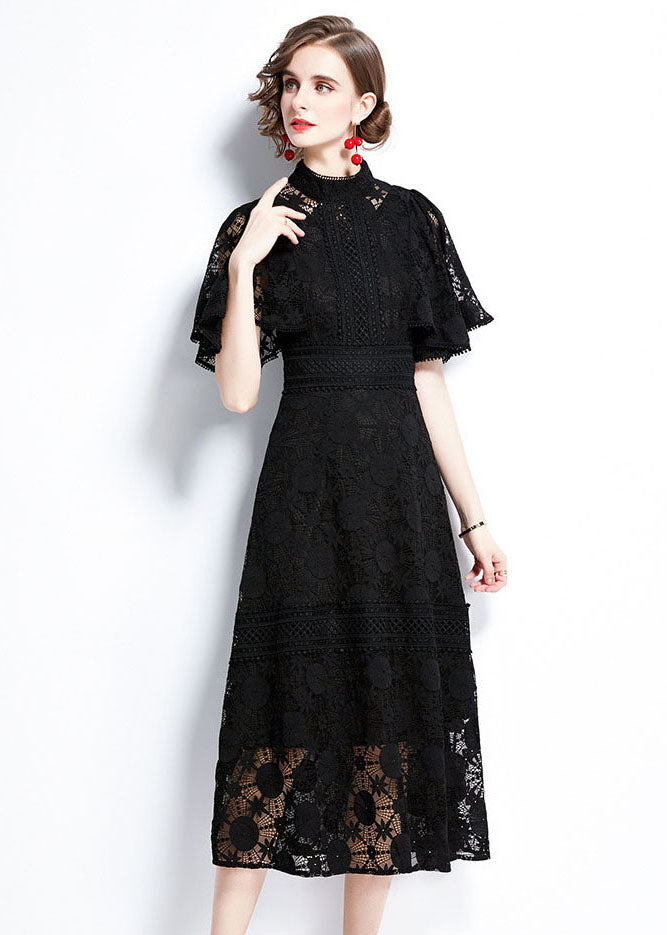 Fashion Black Hollow Out Patchwork Lace Dress Butterfly Sleeve