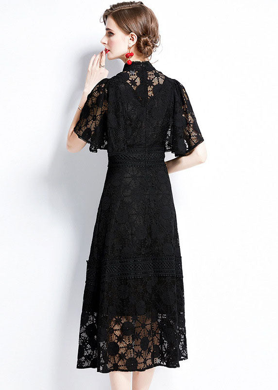 Fashion Black Hollow Out Patchwork Lace Dress Butterfly Sleeve