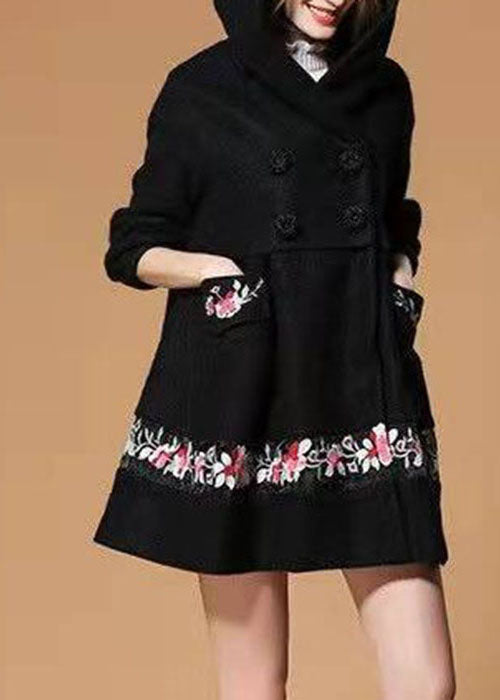 Fashion Black Hooded Embroidered Woolen Winter Coat