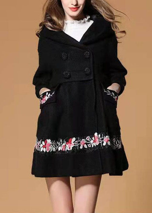 Fashion Black Hooded Embroidered Woolen Winter Coat