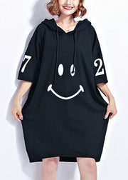 Fashion Black Hooded Smile Print Cotton Maxikleider Kurzarm
