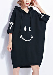 Fashion Black Hooded Smile Print Cotton Maxi Dresses Short Sleeve
