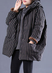 Fashion Black Hooded Striped Fine Cotton Filled Puffer Jacket Winter