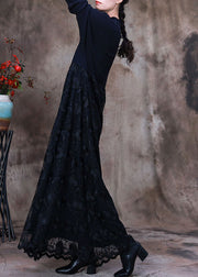 Fashion Black Lace Patchwork Knit Strickkleid Winter