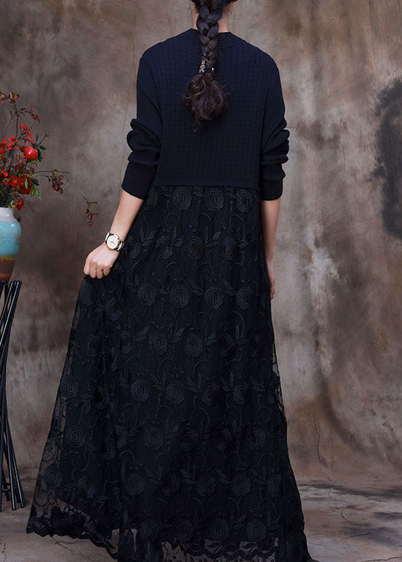 Fashion Black Lace Patchwork Knit Knitted Dress Winter