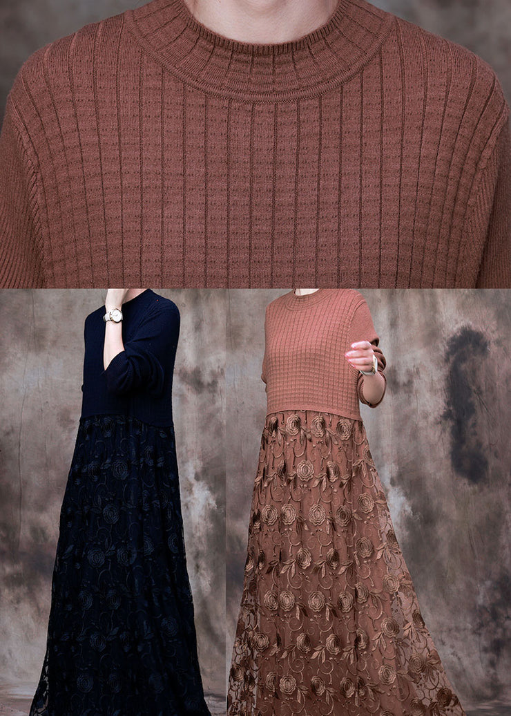 Fashion Black Lace Patchwork Knit Knitted Dress Winter
