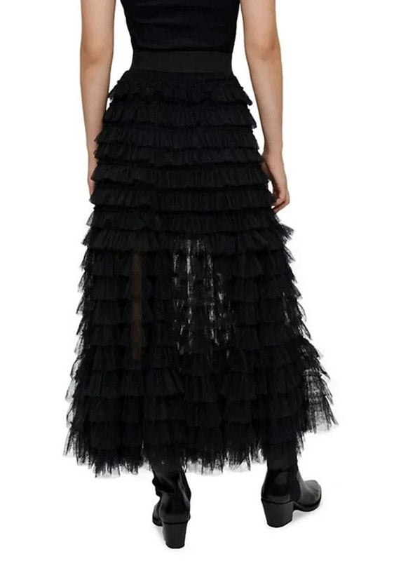Fashion Black Lace Patchwork Tulle Elastic Waist Layered Skirts Spring